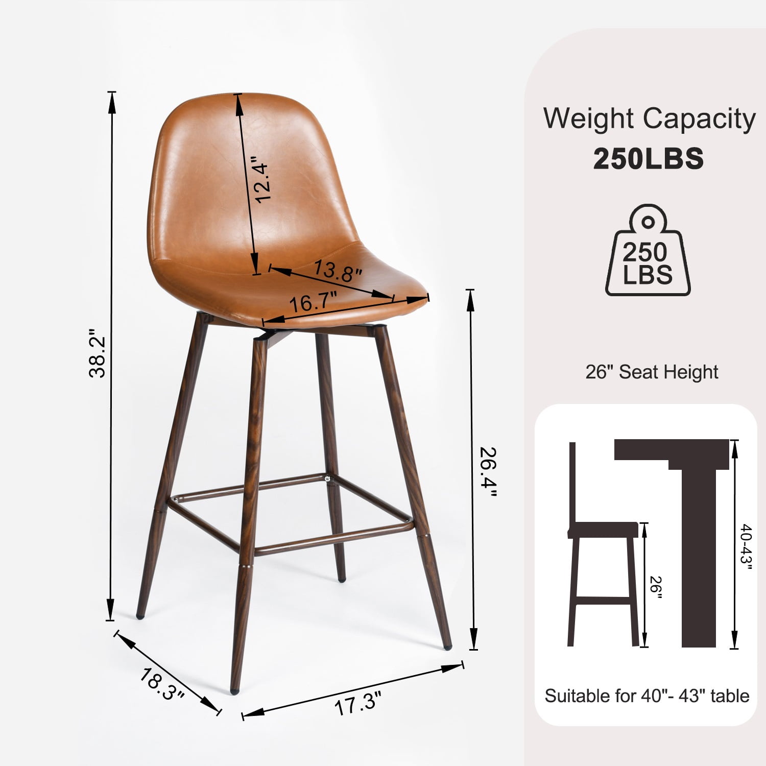 Homy Casa 26" Counter Height Bar Stools Set of 2, Swivel Stools for Kitchen Island, Caramel Brown