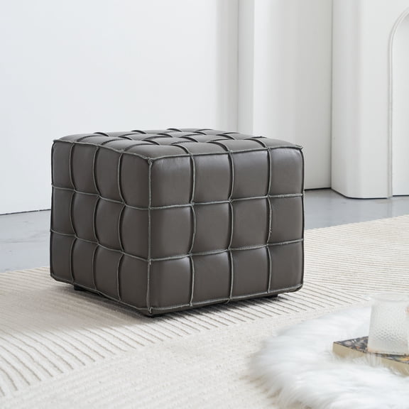 Youmumeub Modern Genuine Leather Tufted Ottoman, Grey Square Footstool with Solid Wood Frame, Biscuit Tufted Cube Seat for Living Room Bedroom