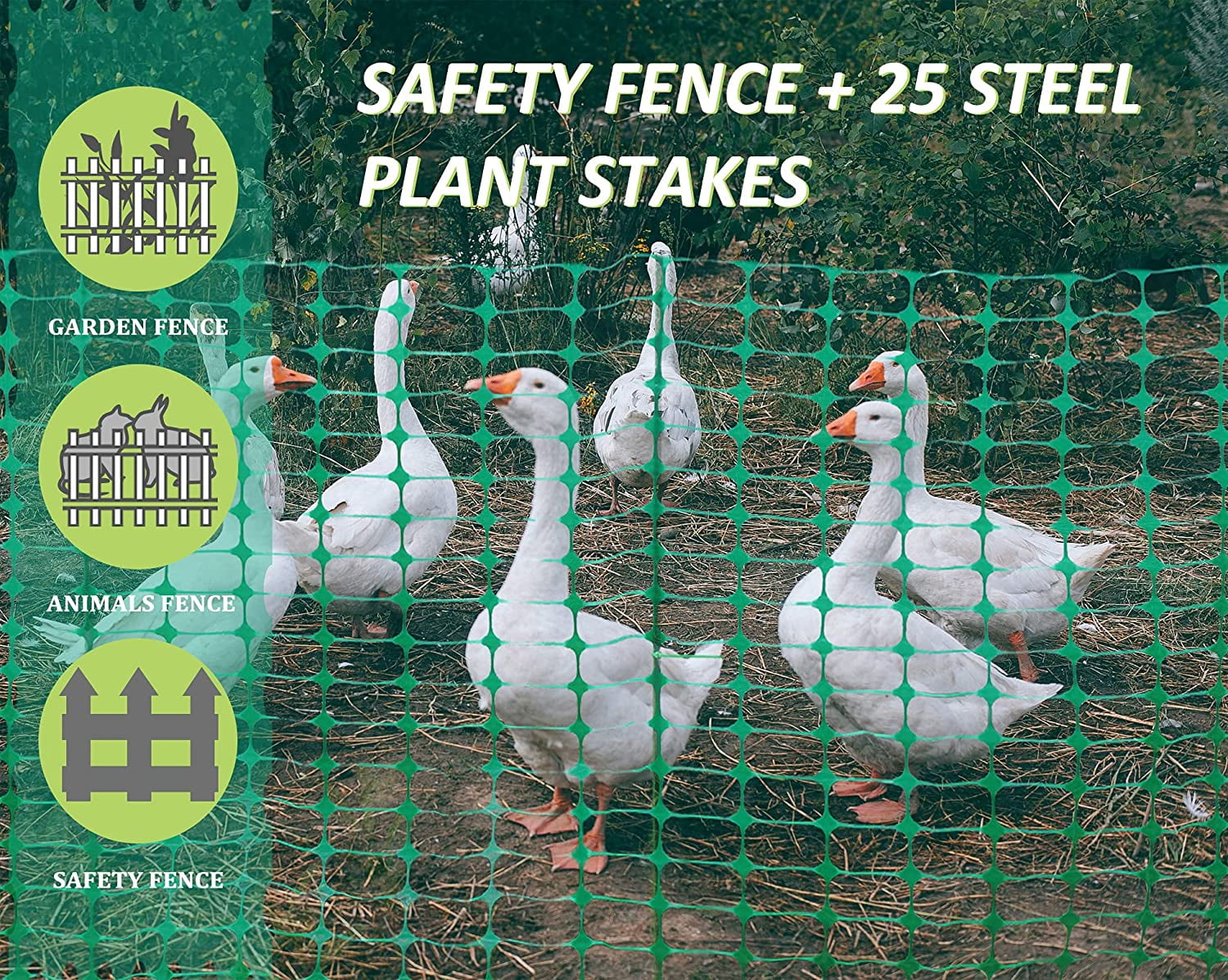 Garden Fence 100ft Green Plastic Netting with 25 Steel Stakes and Zip Ties