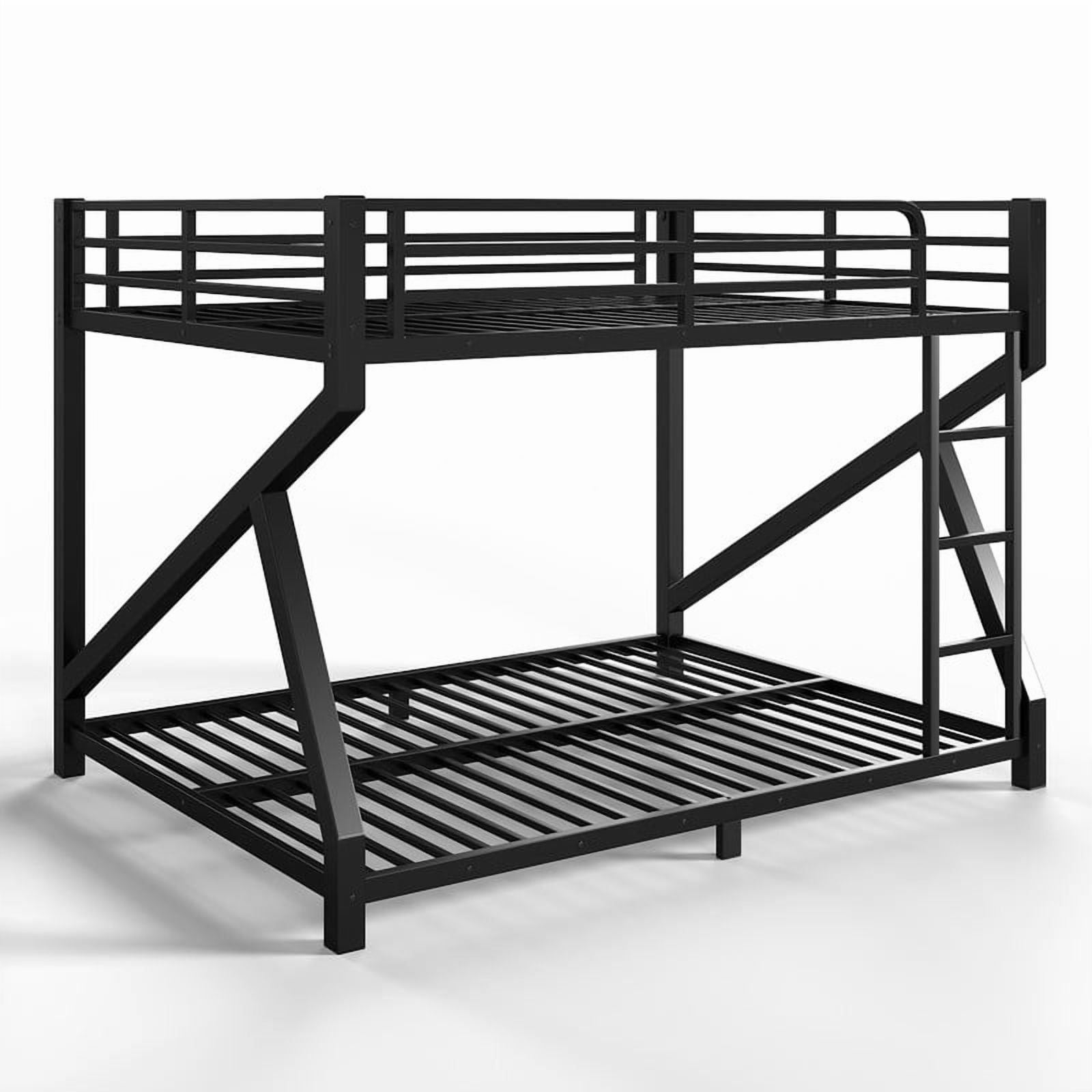59''H Low Profile Queen-Over-Queen Teens Bunk Bed with Built-In Ladder, Kids Black Metal Bed Frame with Guardrail