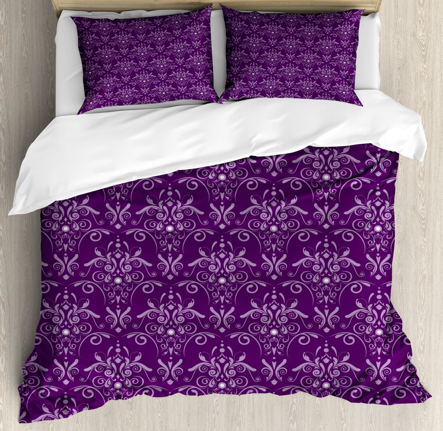 Eggplant Duvet Cover Set, Damask Pattern with Symmetrical Abstract