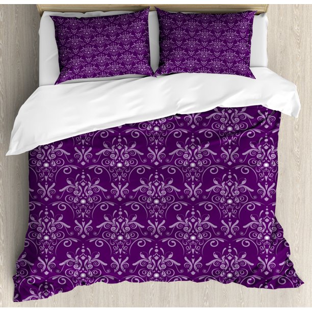 Eggplant Duvet Cover Set King Size, Damask Pattern with Symmetrical