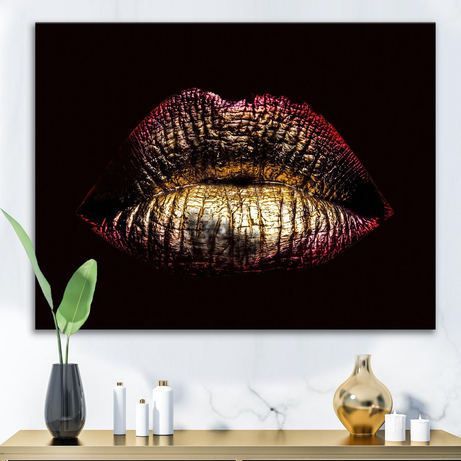 Designart Sexy Golden Metallized Female Lips IV Canvas Wall Art