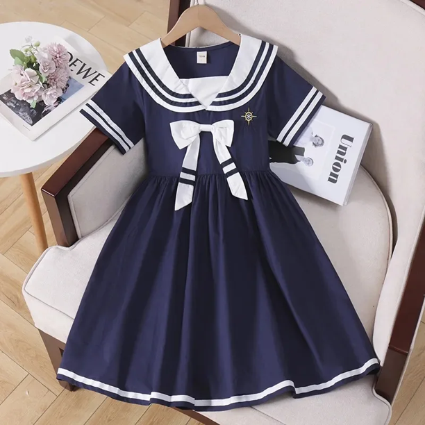 Vestido de verano de estilo pijo para niñas, nueva longitud de manga, Falda corta con cuello azul marino, ropa de verano para niños