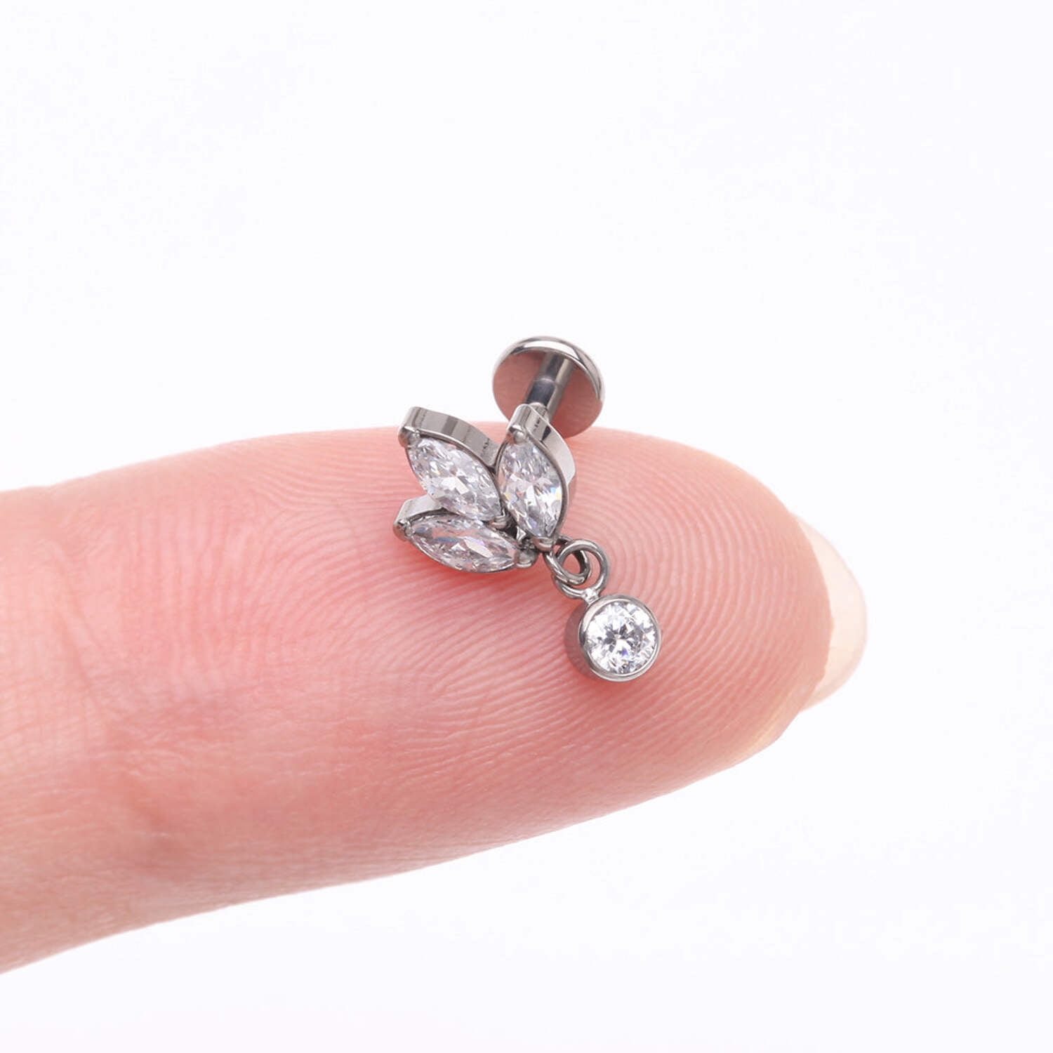 Implant Grade Titanium Marquise Flower Sparkle Dangle Internally Threaded Flat Back Stud Labret