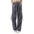 thumbnail image 2 of Karight Womens High Waisted Cargo Pants Wide Leg Drawstring Casual Loose Fit Green Cargo Trousers with Pockets and Straps, 2 of 6