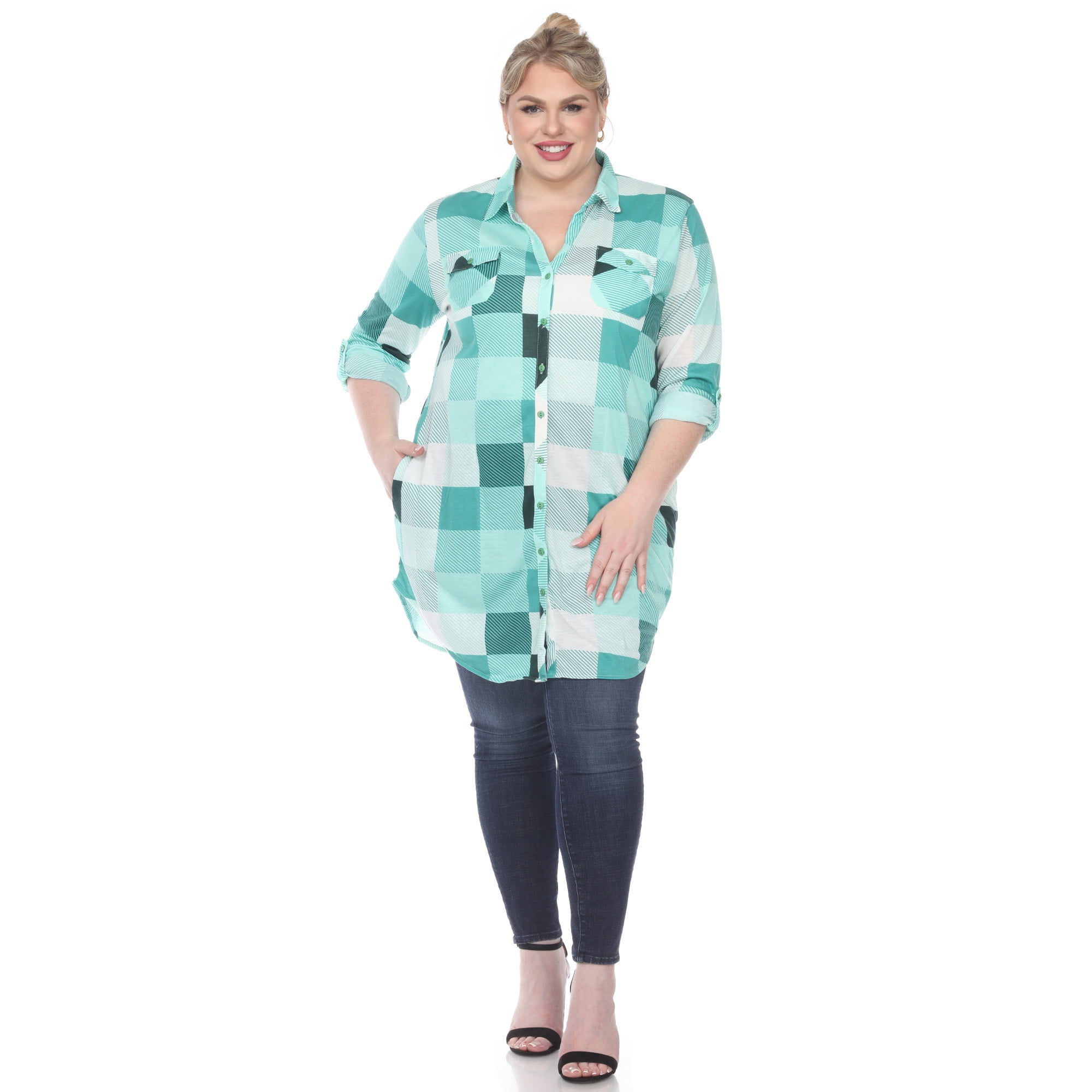White Mark Women's Plus Size Buffalo Plaid Tunic Shirt