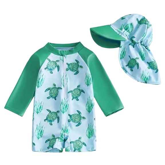 Petalier Toddler Baby Boy Swimsuit Long Sleeve Zipper Rash Guard Swimwear Infant Bathing Suit and Swim Cap Cute Beach Outfits (Green, 1-2 Years)