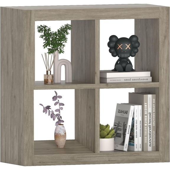 4-Cube Storage Organizer, Modern Wood Open Bookcase, Multifunctional Display Bookshelf for Living Room, Bedroom, Home Office, Gray Oak
