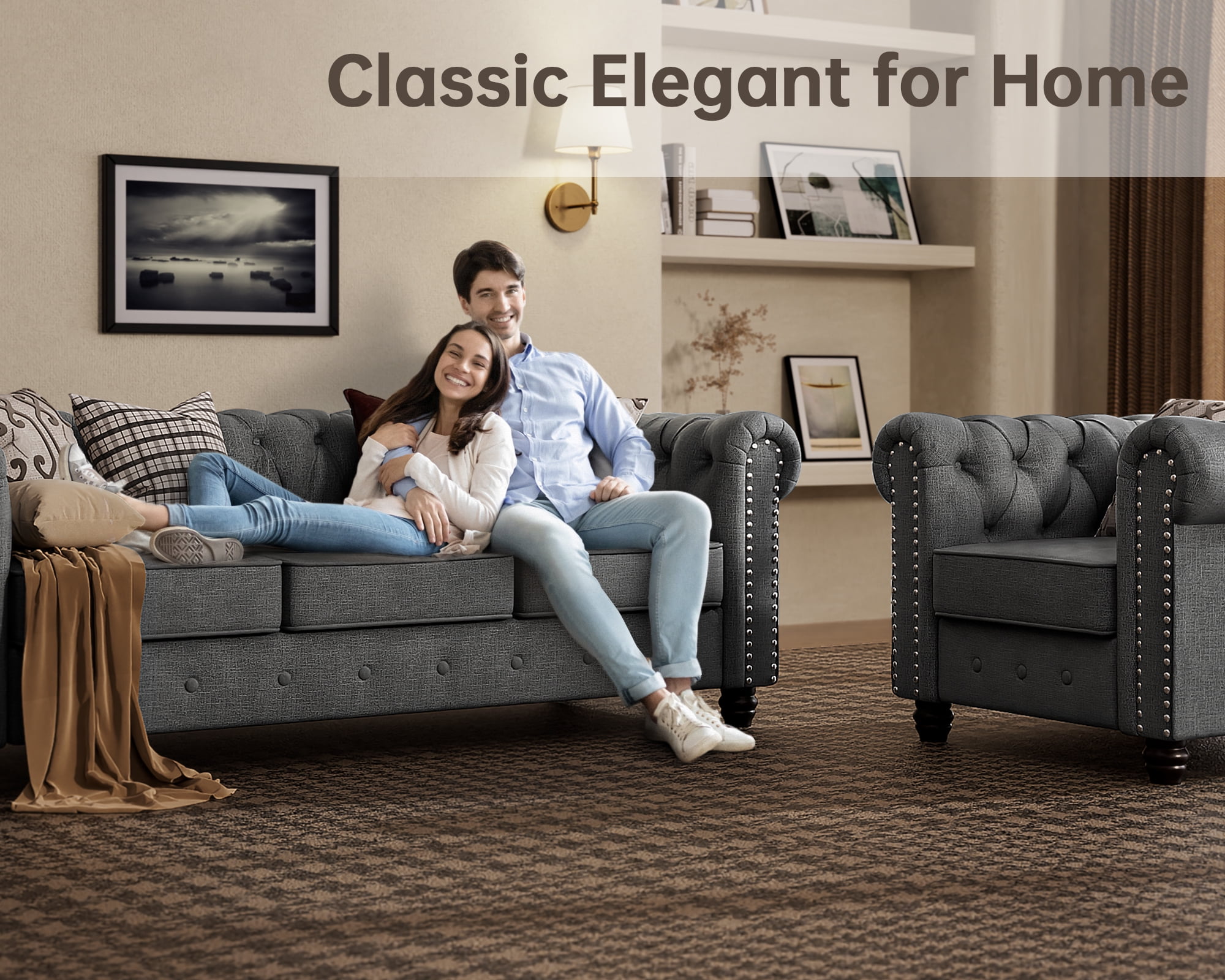 Morden Fort Linen Chesterfield Sofa, Accent Club Chair Charcoal Grey Living Room Chair