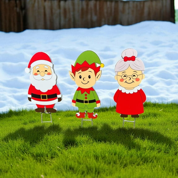 Christmas Yard Stakes Set of 3 – Santa, Elf & Mrs. Claus, Outdoor Holiday Lawn Decorations, Weatherproof PVC