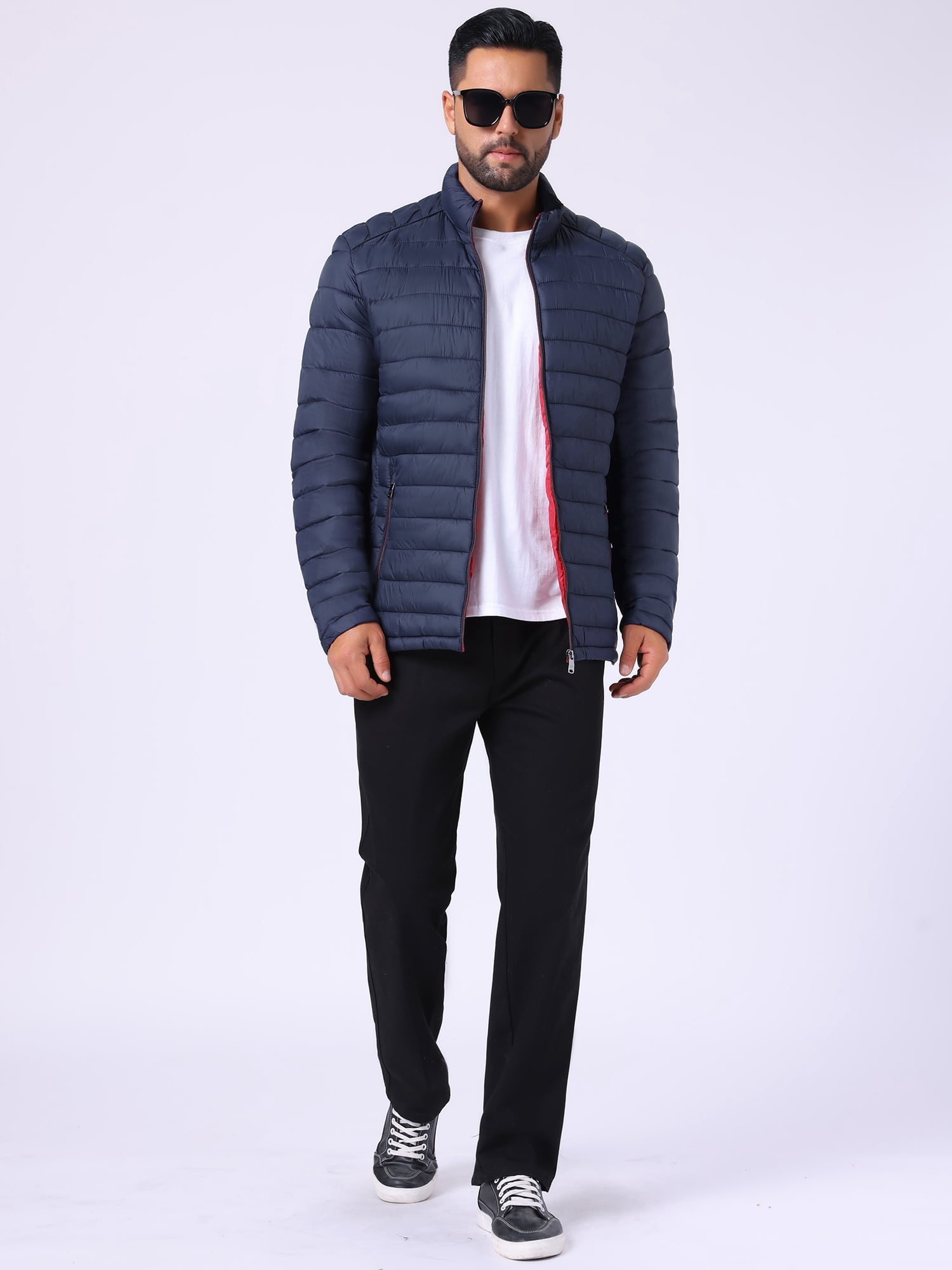 DARING DIVA Men's Winter Solid Stand Collar Zipper Quilted Puffer Jacket M Dark Blue