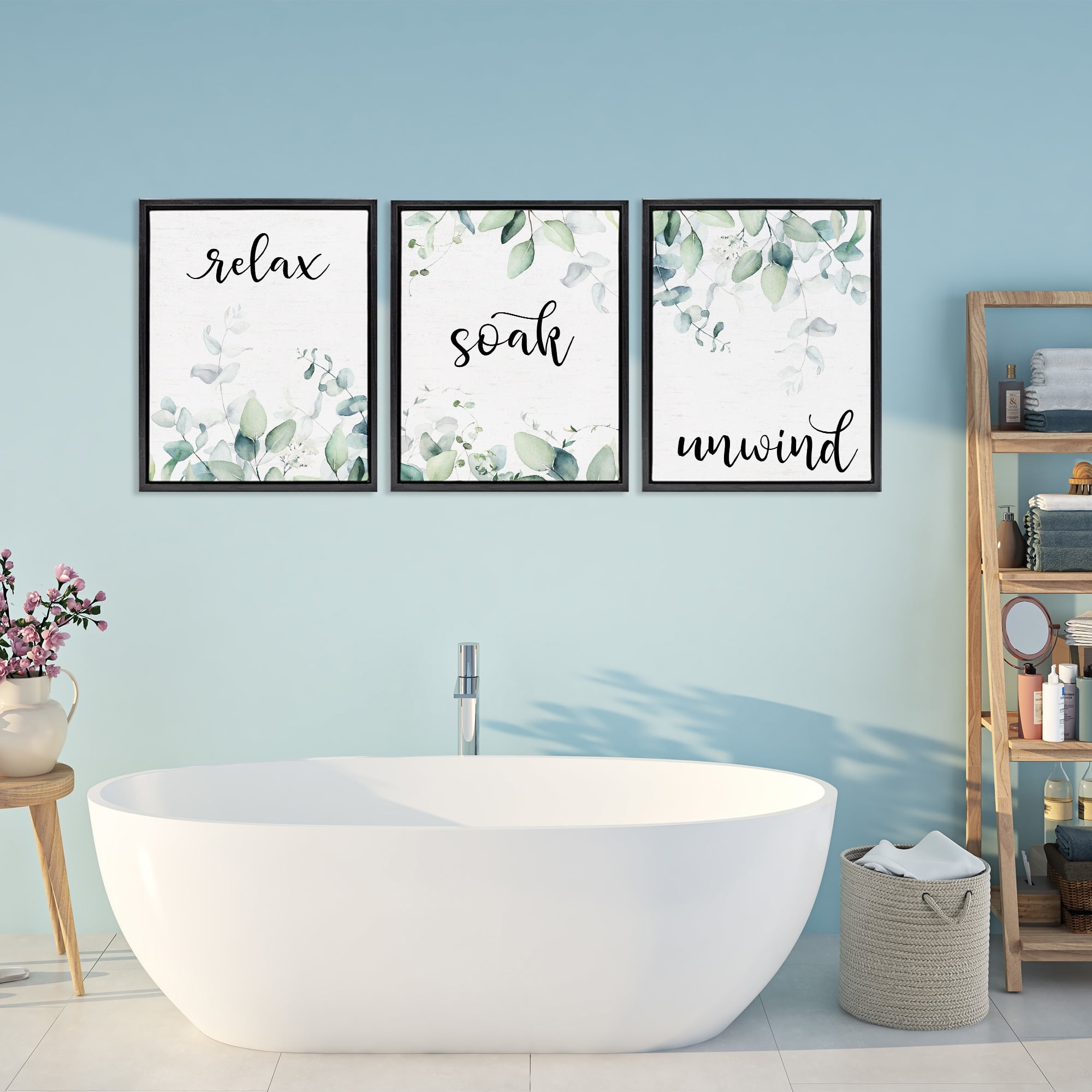 Leafy Bathroom Herbs 3 Piece Black Framed Floater Canvas Set, design by Lettered and Lined