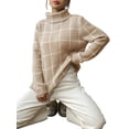 thumbnail image 2 of Women Fall High Neck Plaid Sweater Long Sleeve Loose Casual Chunky Checked Knit Winter Sweaters Jumper Tops Khaki S, 2 of 8