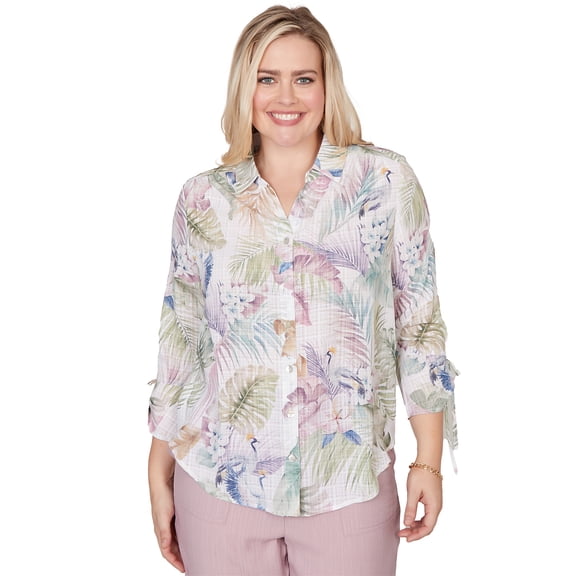 Alfred Dunner Womens Petite Tropical Button Front Tie Sleeve Top
