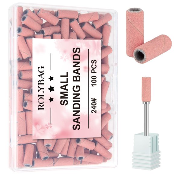 Rolybag 100pcs Small Sanding Bands Nail Drill Bits 240 Extreme Fine Grit Nail File Sanding Bands with 3.1mm Mandrel Bit for Acrylic Nails Gel Removing Shaping Professional Manicures and Pedicure Pink