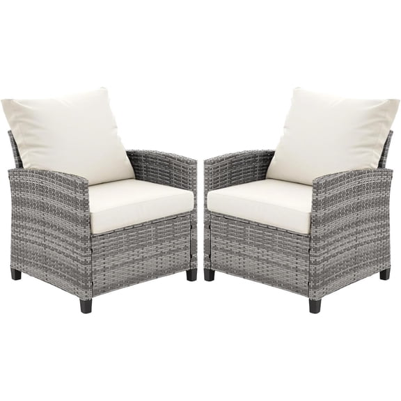 FHFO 2 Pieces Outdoor Patio Sofas, All-Weather Wicker Single Armrest Chair Set of 2 with Cushions, Patio Rattan Furniture Sofa for Porch, Backyard, Garden, Grey-Beige