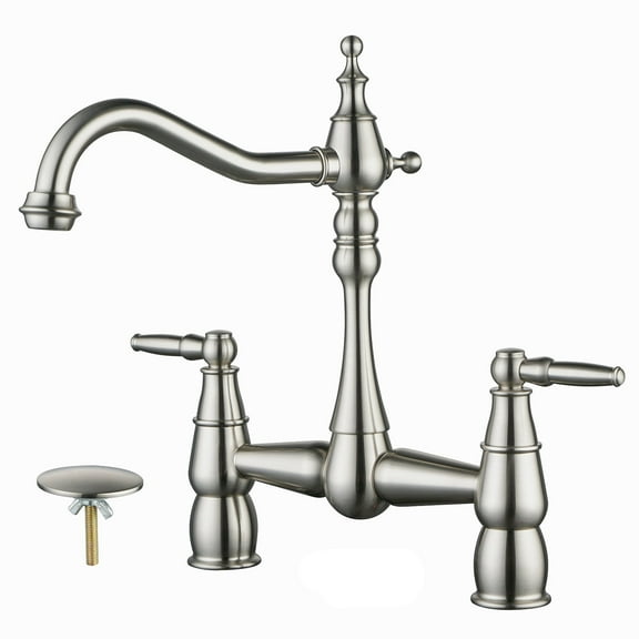 Wowow Brass Bridge Centerset Kitchen Faucet for Sink, 2 Handle 2 Hole 360 Degree Swivel Faucets for Vintage Farmhouse, Brushed Nickel
