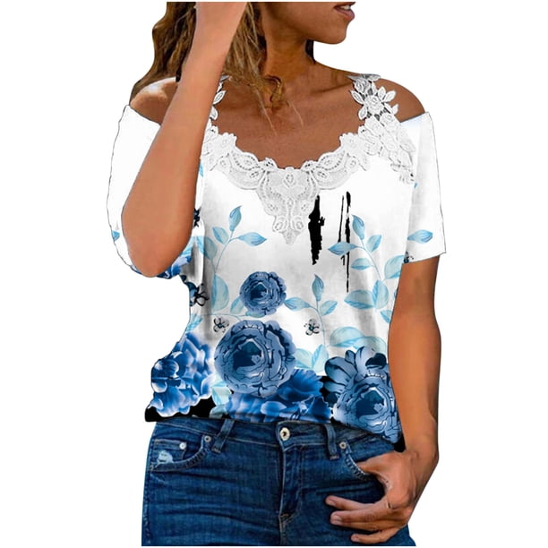 Blusa informal de manga corta con cuello en V y encaje con hombros descubiertos para mujer OAVQHLG3B Store lin121212