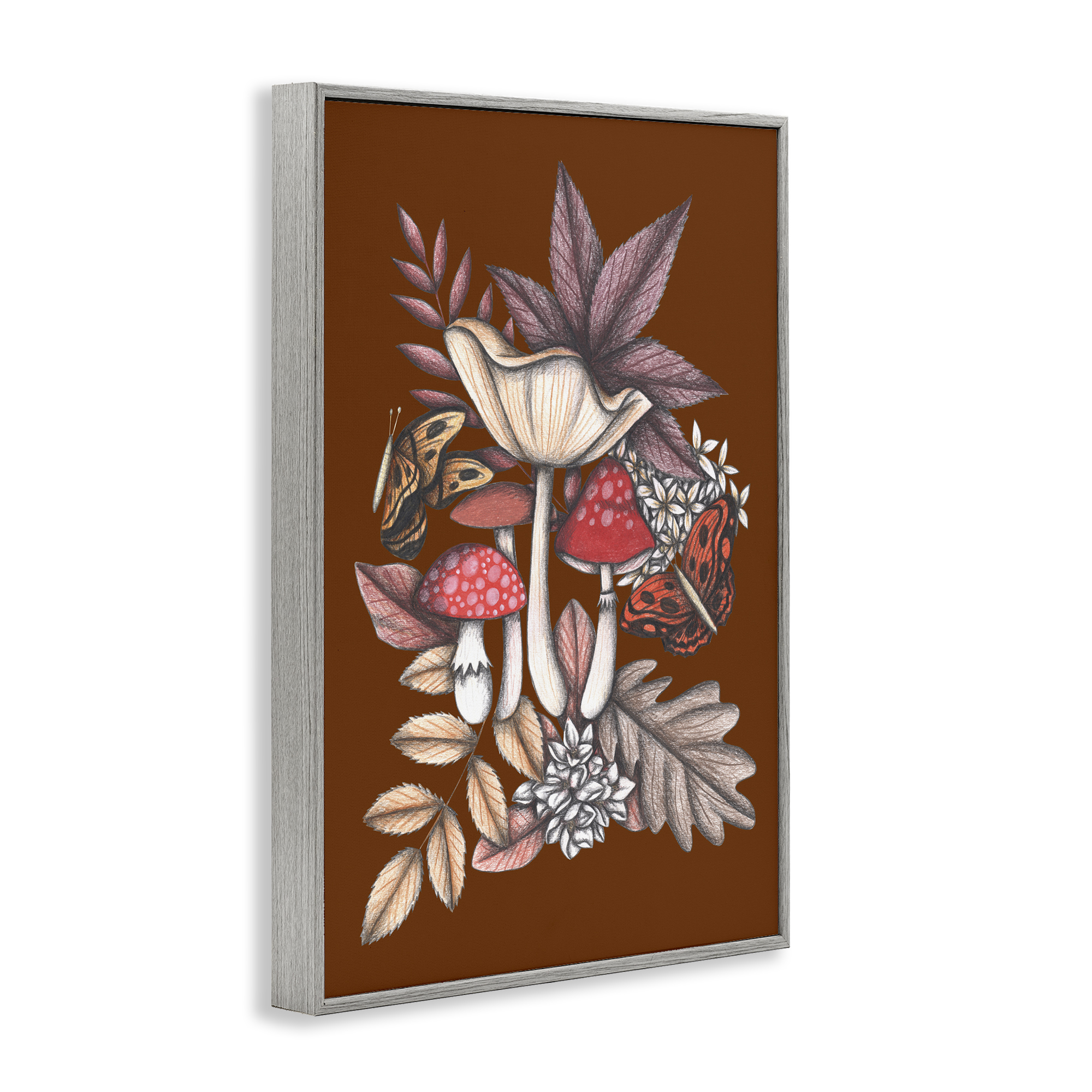 Autumn Mushrooms Magic Gray Framed Giclee Art, design by Cecilia Battaini