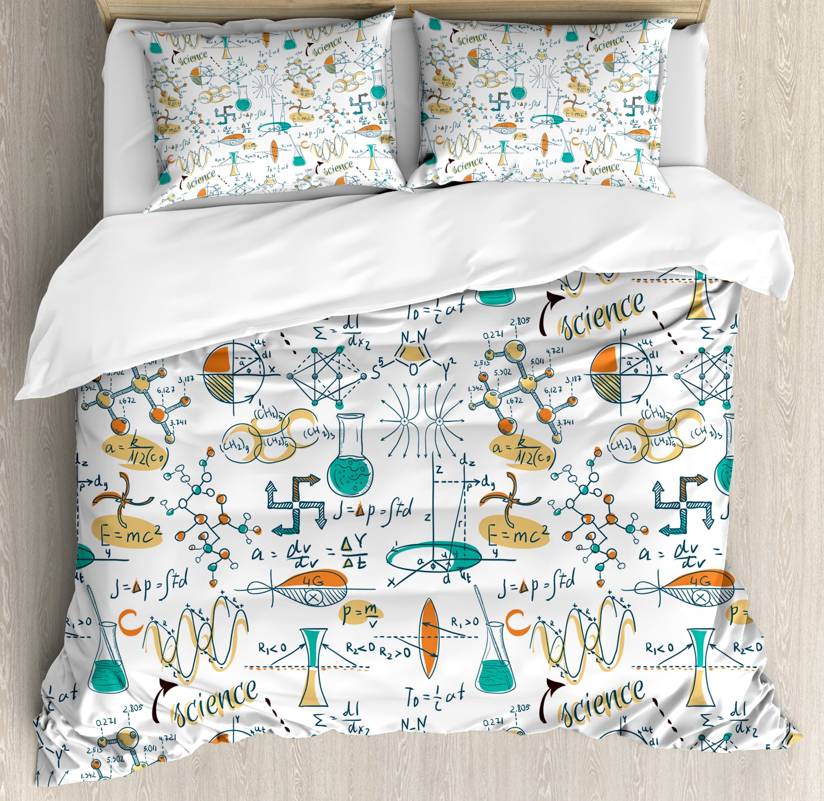 Doodle Queen Size Duvet Cover Set Science Lab Objects Education Themed Drawing Scientific Formulas Biology Chemistry Decorative 3 Piece Bedding Set