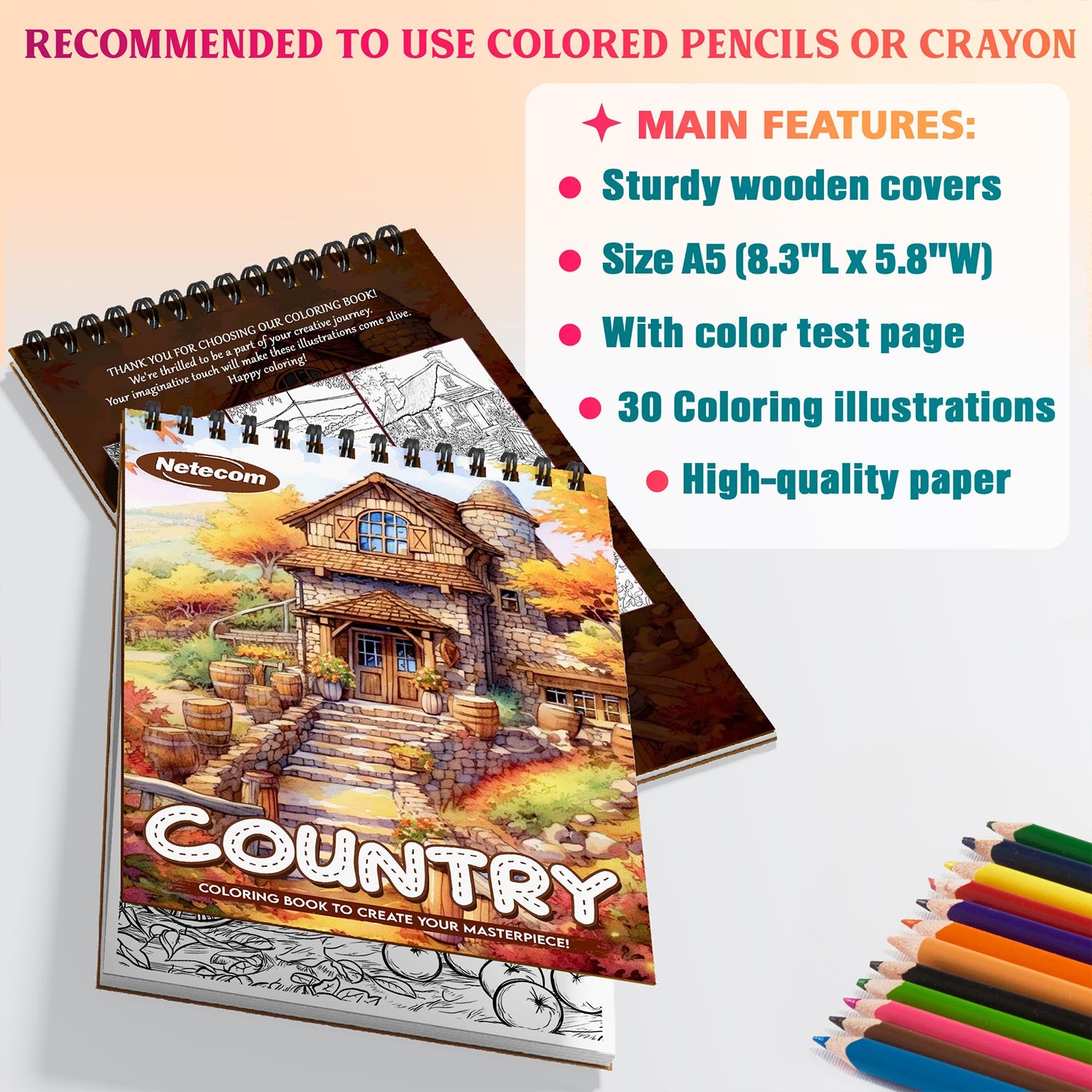 Netecom Country Coloring Book Spiral Bound for Adults, A5 Wooden Cover, 30 Rustic Coloring Pages of Beautiful Country for Stress Relief and Relaxation