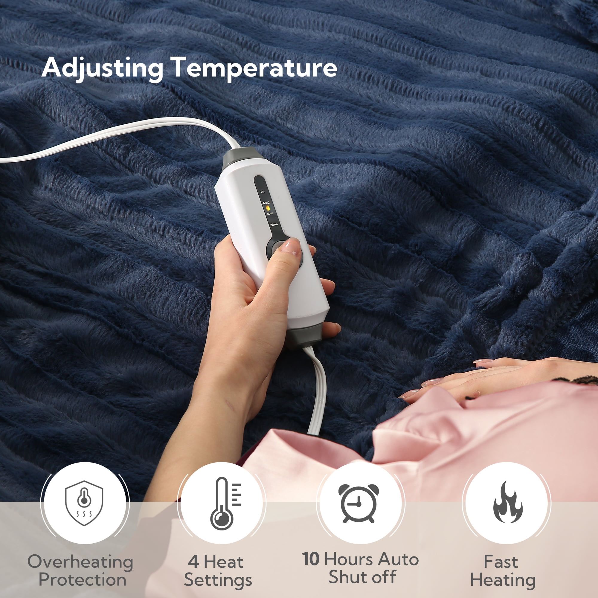 SUNNY HEAT Electric Heated Blanket 72'' x 84'', Soft and Lightweight Faux Fur Electric Blanket, Navy