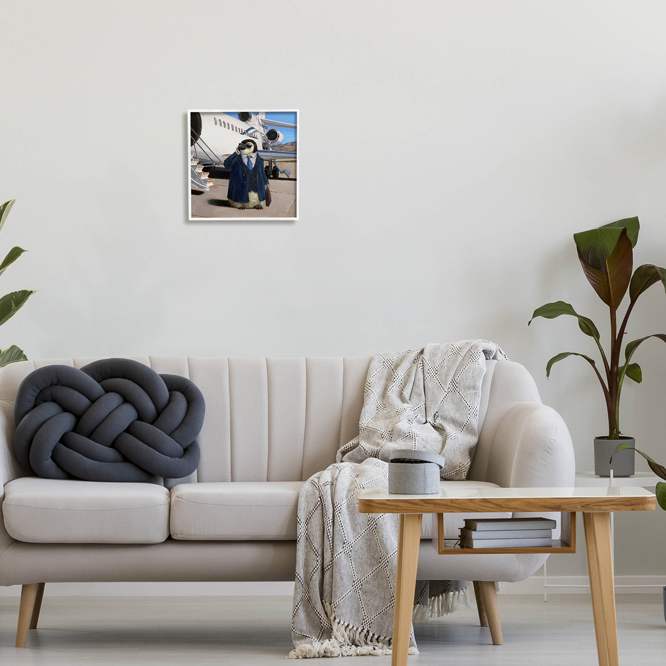 Penguin Businessman Suit Airplane Animals & Insects Painting White Framed Art Print Wall Art