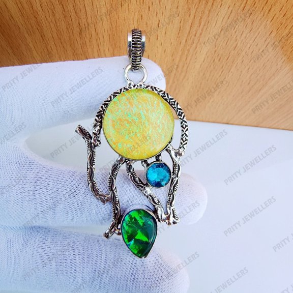 Triplet Opal Blue Topaz Pendant 925 Sterling Silver Handmade Large Jewelry 2.67"