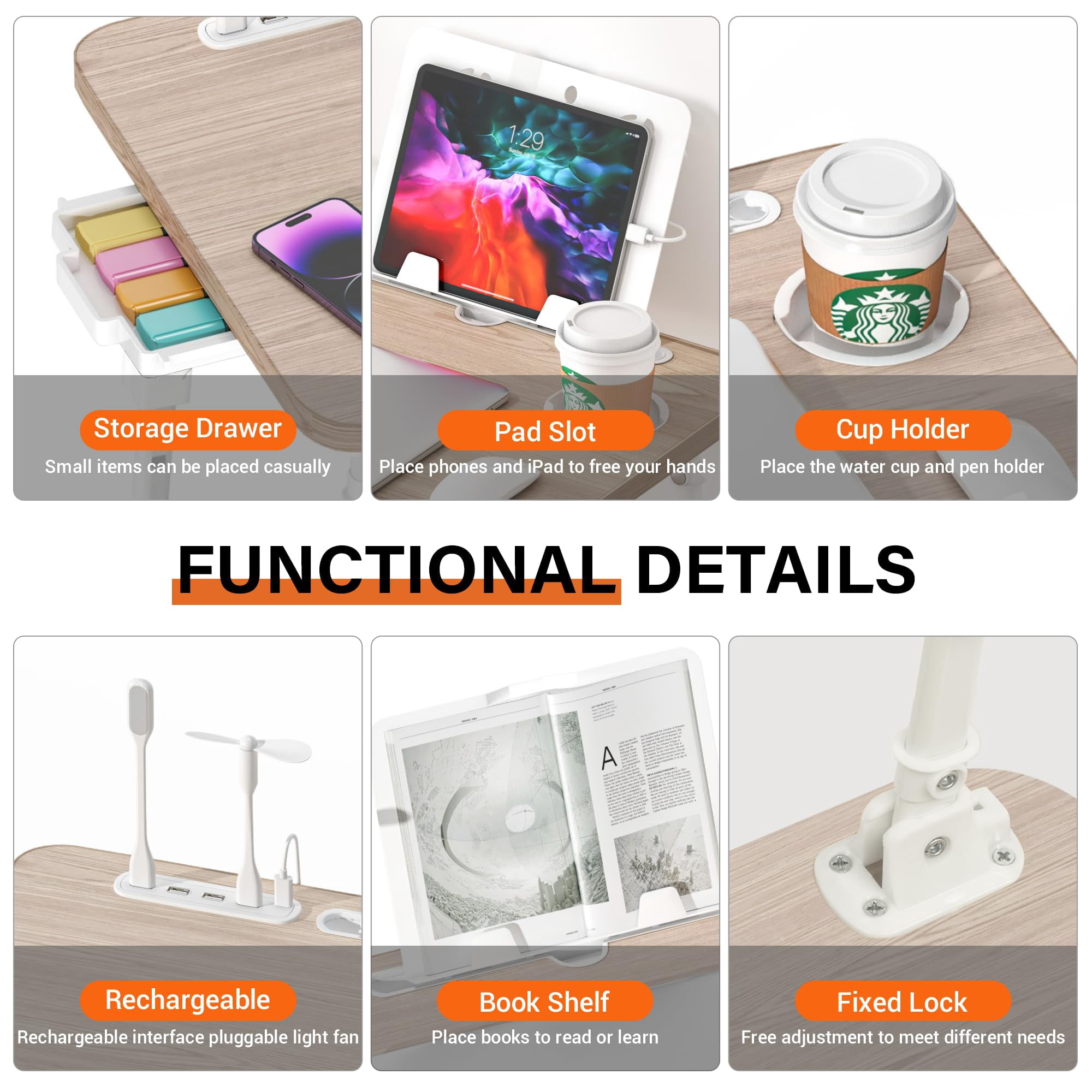 Laptop Desk For Bed Height Adjustable  Lap Table With Usb/storage Drawer/cup Holder/tablet Stand/book Shelf Foldable Breakfast Tray Portable Reading Writing Sofa & Floor Glacier