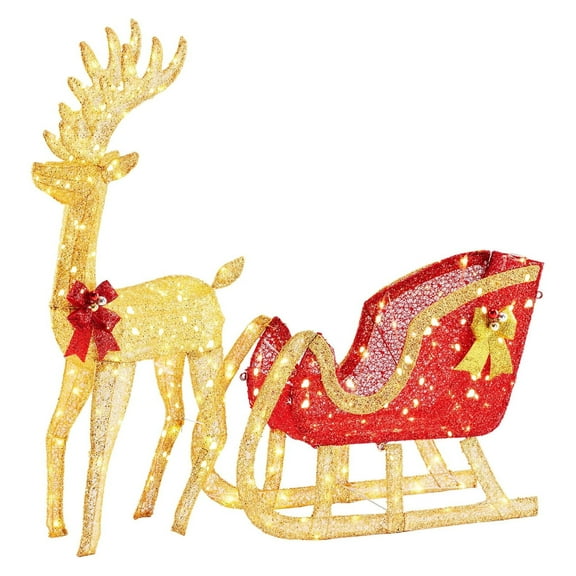 Nextay Lighted Christmas Reindeer & Santa Sleigh Set, 180 Warm LED Lights, Durable Build for Indoor & Outdoor Use,Gold-Red
