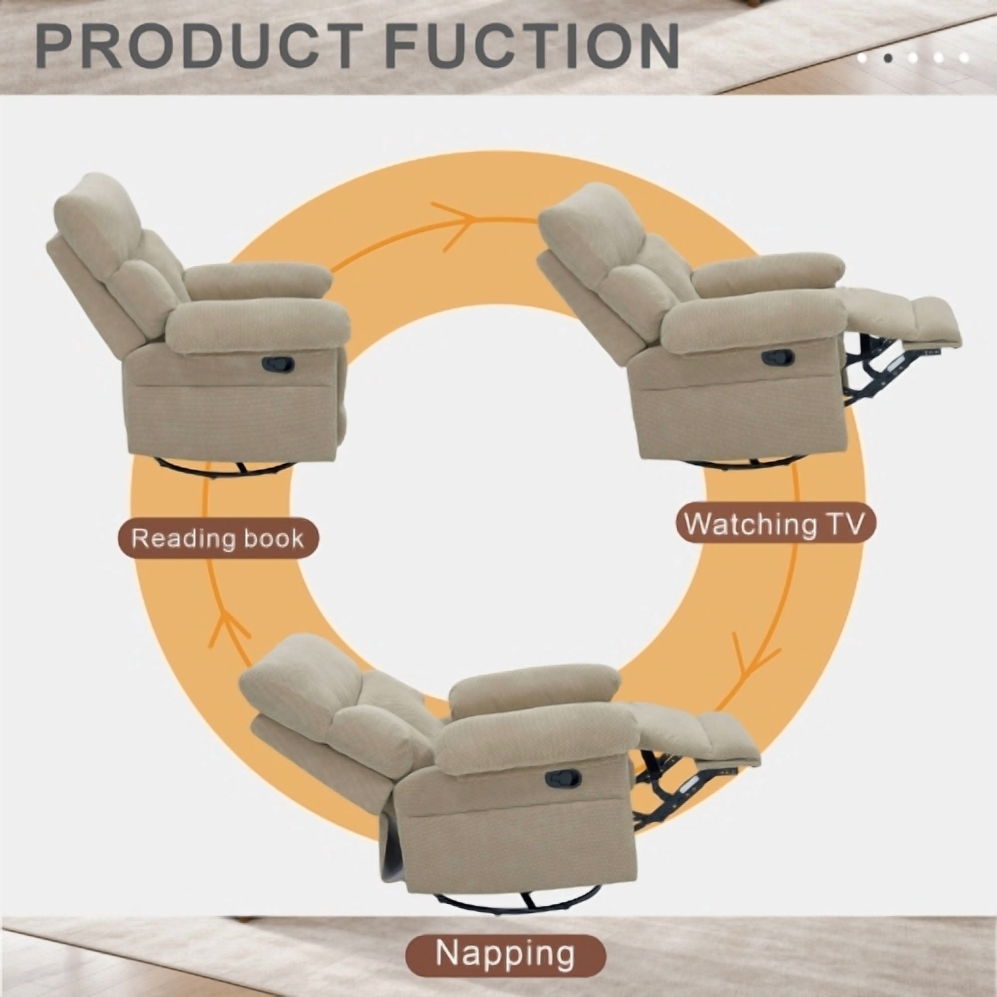 Modern Swivel Rocker Recliner Chair, Manual Overstuffed Glider Armchair with Textured Fabric, 360° Swivel & Rocking for Living Room and Nursery, Camel