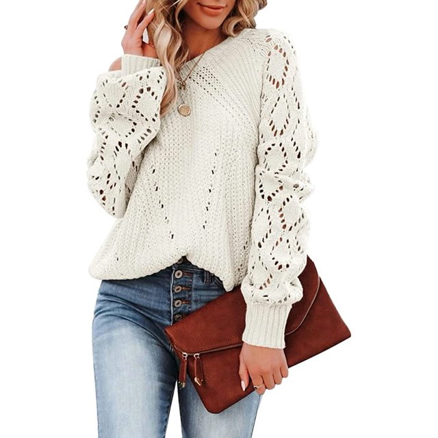 LinYooLi Women Fashion Sweater Pullover Winter Ribbed Knit Long Sleeve Hollow Out Sweaters Casual Loose Tops