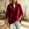 thumbnail image 5 of GZMOALH Women's Velvet Quarter Zip Top, Mock Neck 3/4 Sleeve Loose Fit Casual Pullover Sweatshirt, 5 of 5