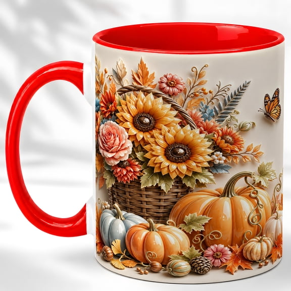 Sunflower Basket Coffee Mug, Harvest Floral Mug, Ceramic 11 oz