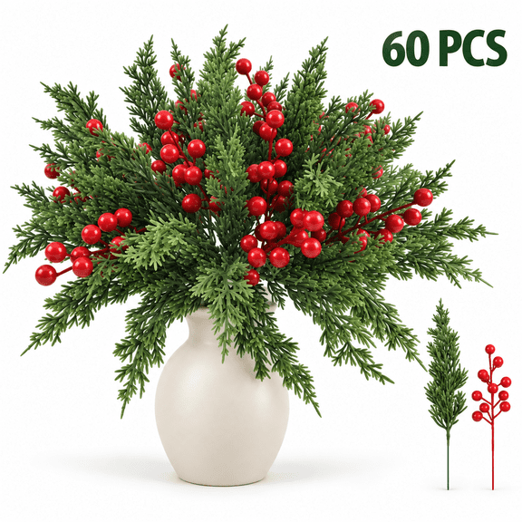 Christmas Greenery Norfolk Pine Branches with Red Berry Stems Pine Picks for DIY Craft Garland Home Decor 60pcs
