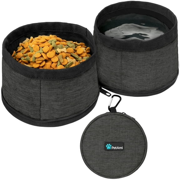 PetAmi Collapsible Dog Food and Water Bowls, 2 Travel Bowls Kit, Portable Pet Dish No Spill, Foldable Lightweight BPA Free Leakproof, Camping Hunting Hiking Walking Outdoor Gear Accessories, Dark Gray