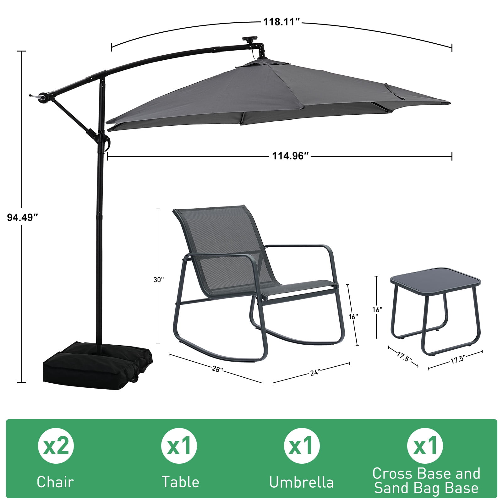 Autlaycil 5 Pcs Patio Outdoor Furniture Sets Contains 2 Textilene Fabric Rocking Bistro Chairs, Table, 10' Solar Cantilever Umbrella and Cross Base with Sandbag, Grey