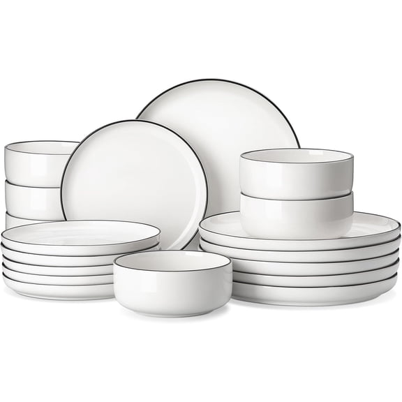 Plates and Bowls Sets, 18 count Modern Porcelain Dinnerware Set for 6 White Kitchen Dinner Ware Set wtih Black Rim Ceramic Dishware Dishes Microwave and Dishwasher Safe, Series LUNA
