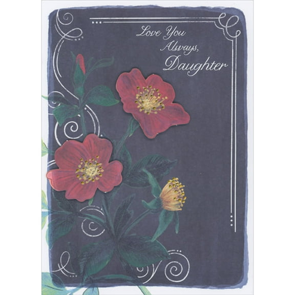 Designer Greetings Love You Always, Daughter: 3D Die Cut Dark Red Flowers with Gold Foil Accents on Dark Blue Hand Decorated Valentine's Day Card