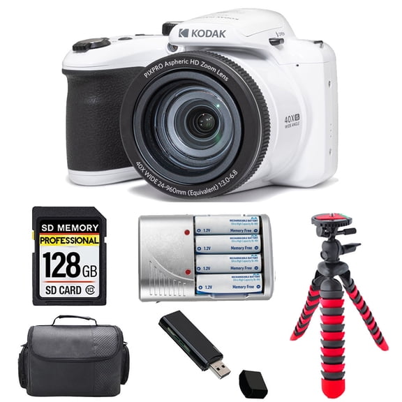 Kodak PIXPRO AZ405 Digital Camera (White)   Extra Battery  Tripod   Case -128GB Kit