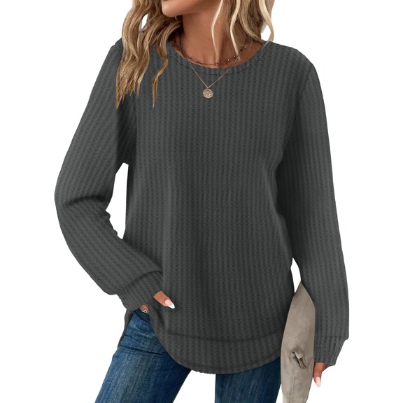 Waffle Knit Tunic Tops For Women Fall Long Sleeve Shirts Curved Hem Crew Neck Loose Fit Fashion Clothing Outfits Plus Size Casual Comfy Dark Gray XL