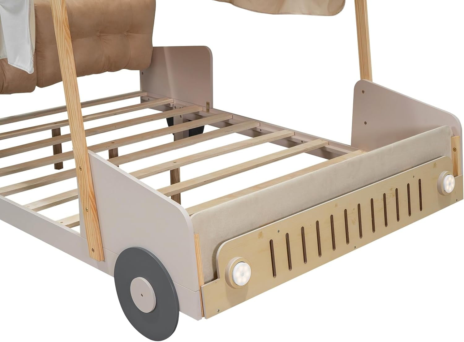 Rugerasy Platform Bed,Retro Car-Shape Bed Frame with LED Lights Ceiling Cloth Upholstered Headboard No Spring Box Needed,Natural color M