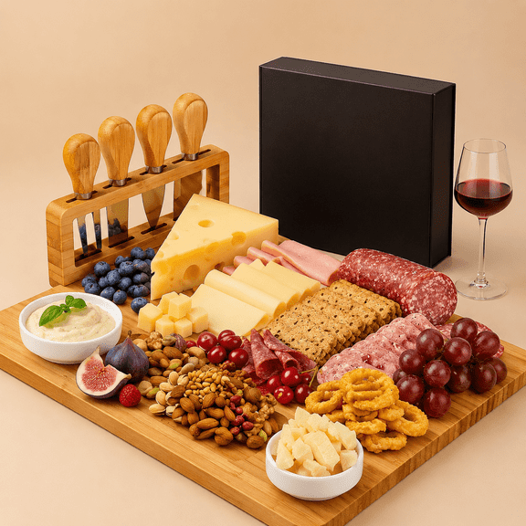 Bamboo Cheese Board Set - Charcuterie Boards and Serving Meat Platter, Cheese Tray with 4 Stainless Steel Cheese Knives Cutting Board Platter