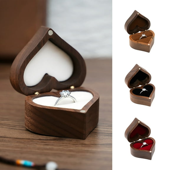 Yesbay Ring Box Wood Grain Dustproof Ultra-Light Decorative Love Heart Shaped Engagement Ring Holder Box for Home