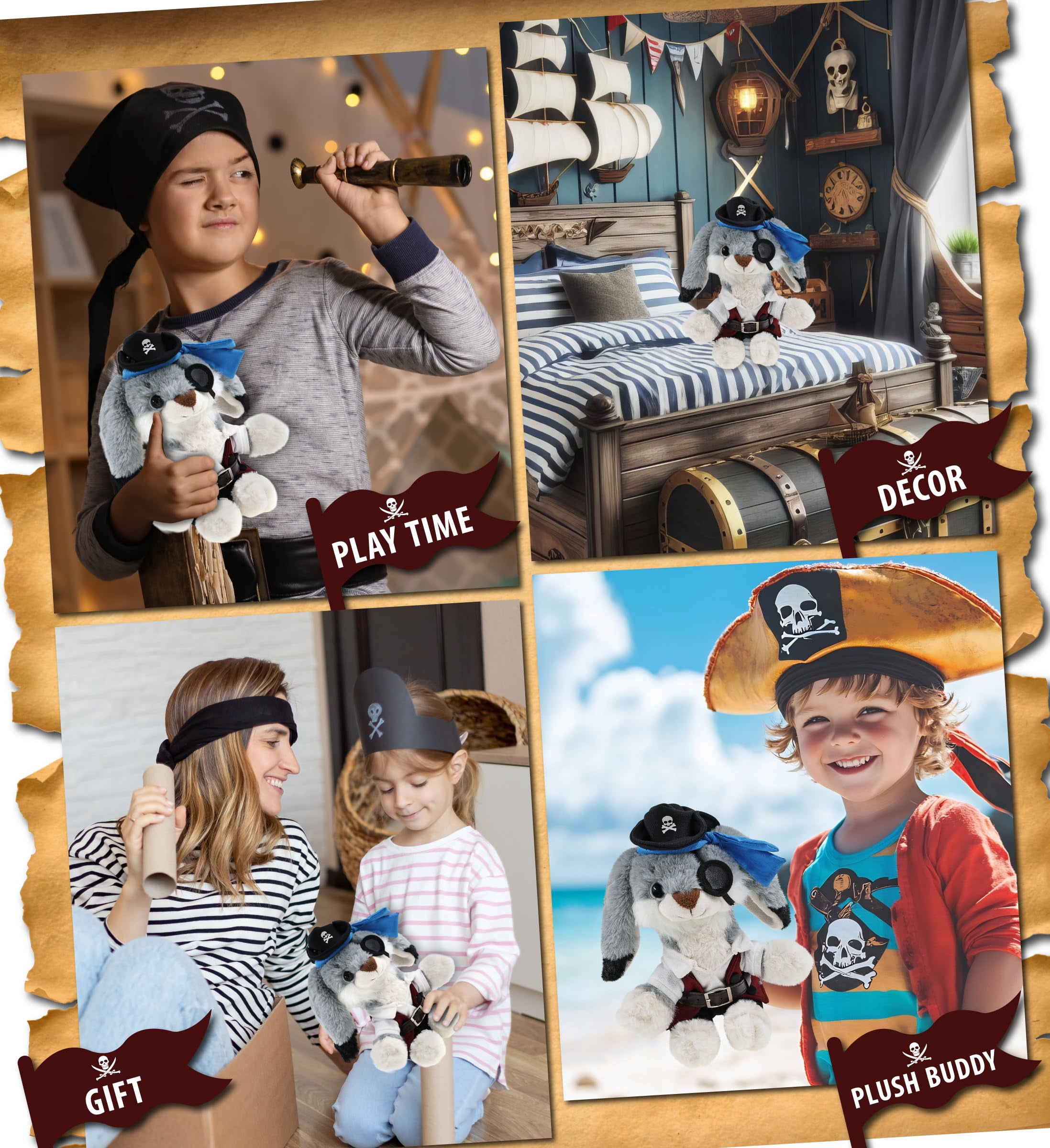 DolliBu Grey Rabbit Stuffed Animal With Pirate Dress Up Set - Sea Adventure Plush Toy Stuffed rabbit with Cute Pirate Costume - Hat, Shirt, Pants, Eye Patch, Belt - 7 Inches