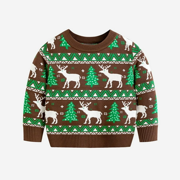 Bnwani Christmas Sweaters for Girls Winter Knitted Cotton Crew Neck Sweater Brown
