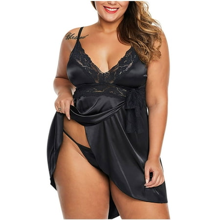 

YWDJ Pajamas for Women Women Fashion Plue Size Lace Silks Underwear Suspender Skirt Nightdress Black XXXL