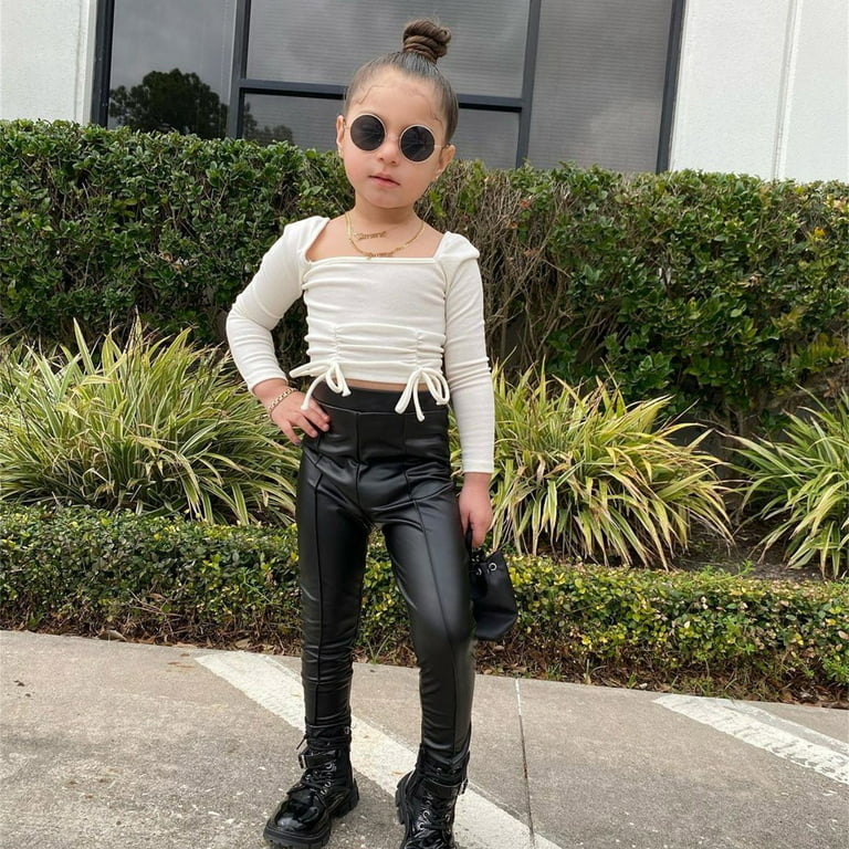 Baby Girl Clothes Long Sleeve Off Shoulder Drawstring T Shirt Tops PU Leather  Pants Leggings Toddler Outfit 