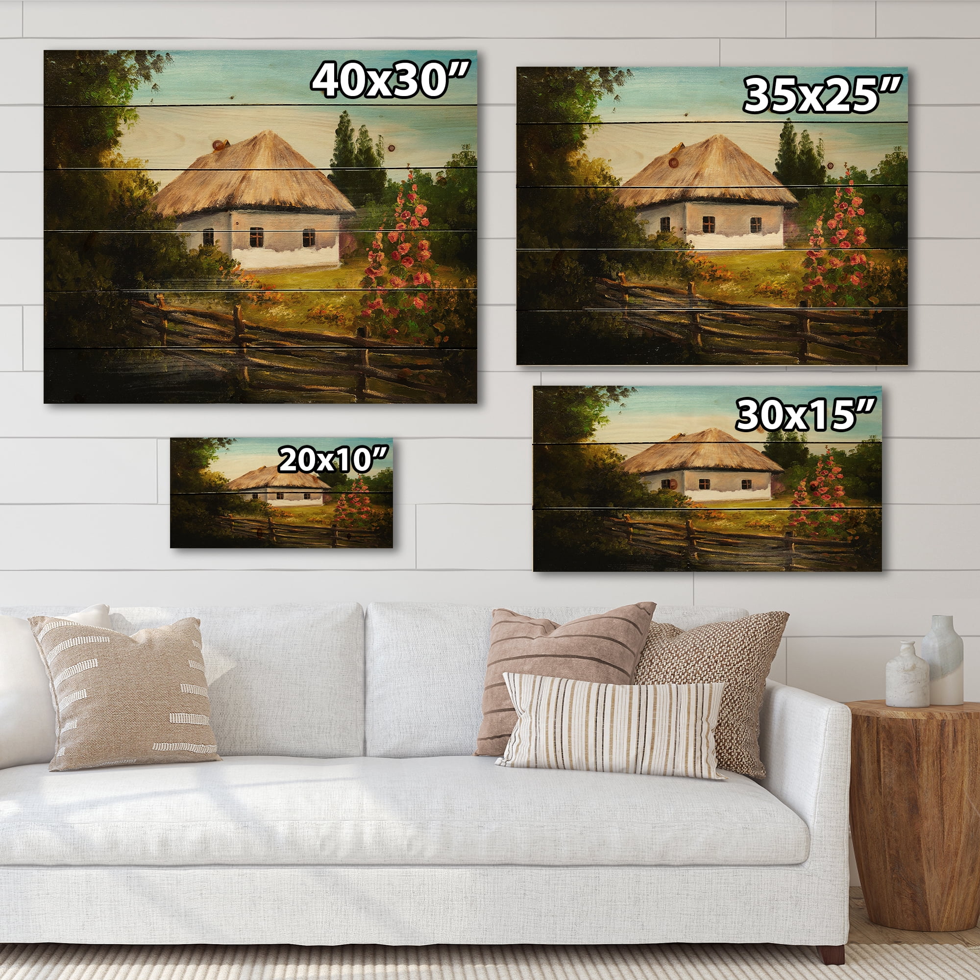 Designart 'House With Blossoming Flowers On The Mountain II' Traditional Print on Natural Pine Wood